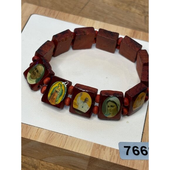Religious Wooden Stretch Bracelet With Catholic Saint Images - Picture 8 of 8